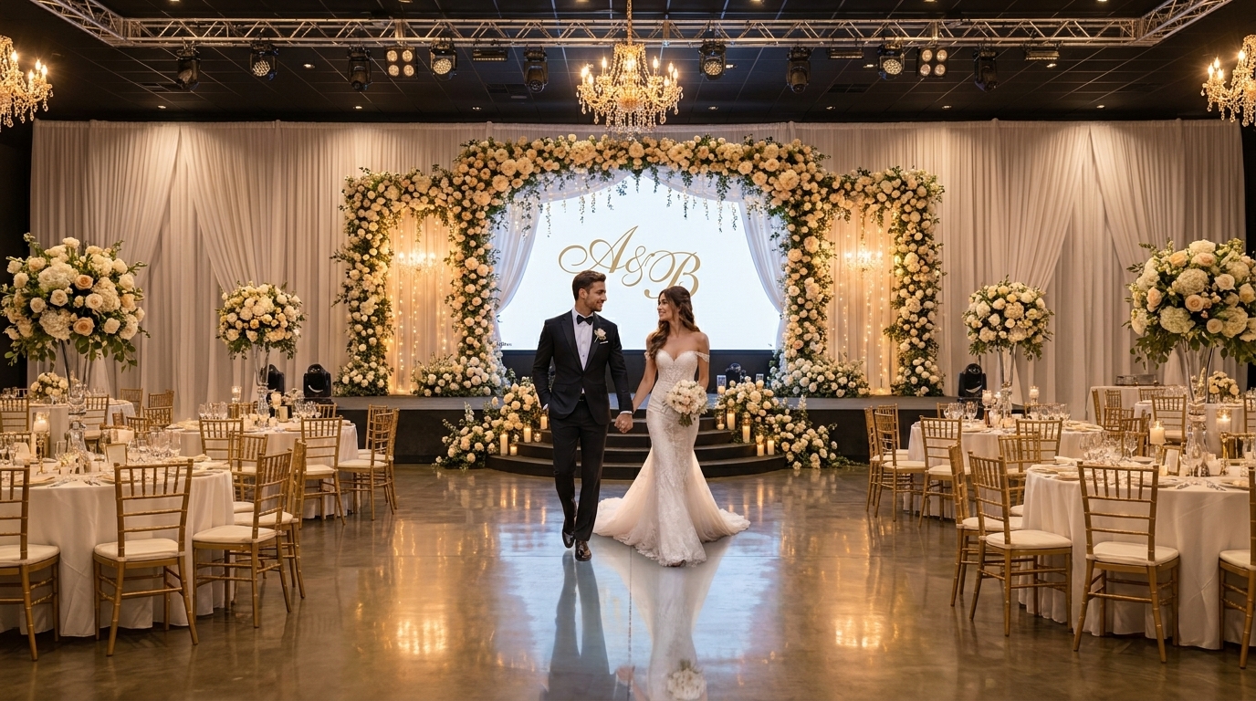 Salão de casamento iluminado com painel LED e mesas redondas montadas