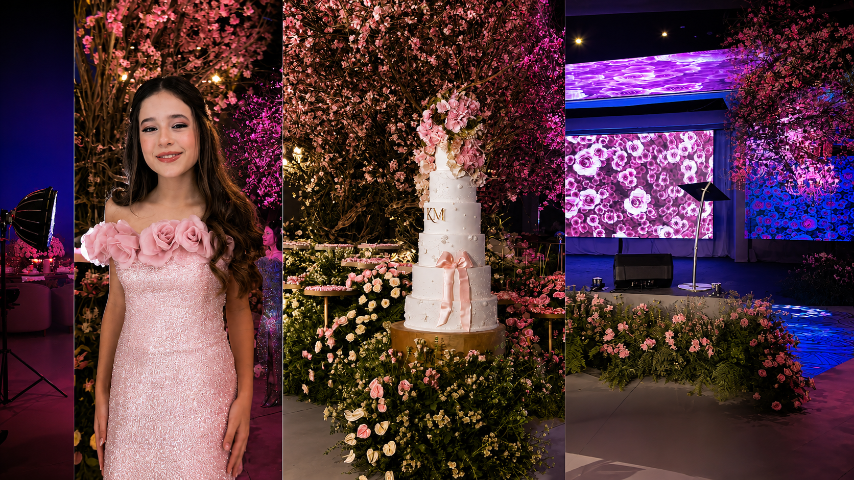 Debutante de vestido longo descendo escada com pista de dança iluminada ao fundo