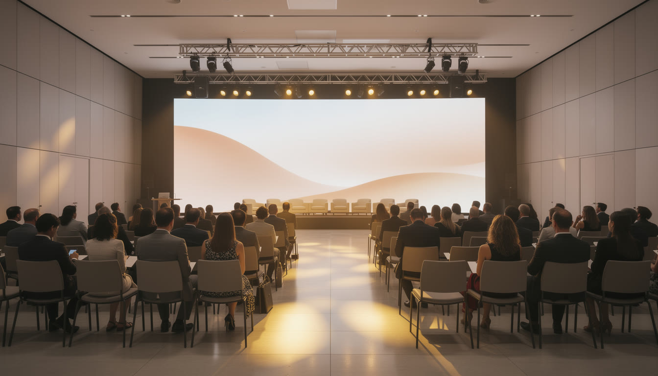 Auditório corporativo com plateia de profissionais voltada para o palco, painel de LED e iluminação cênica